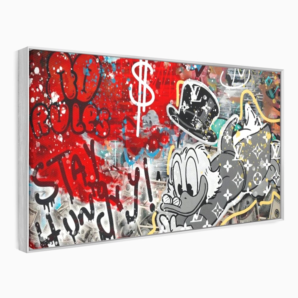Tablou canvas cu tablou canvas cu scrooge mcduck si graffiti, in rama de aluminiu argintiu